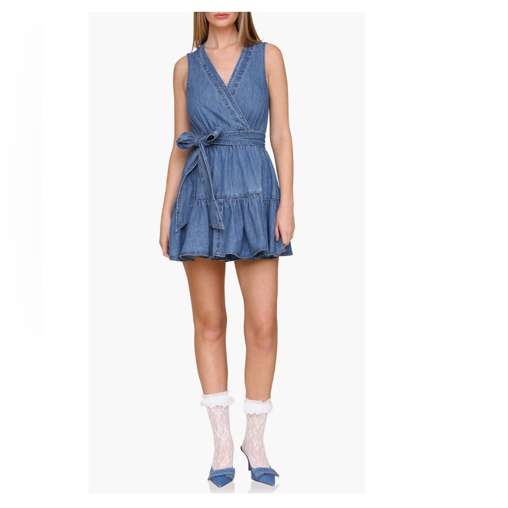 Avec Les Filled tie waist wrap mini dress Blue Denim bow v neck denim Dress 10